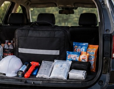 車の荷室に積んだ防災バッグと防災用品