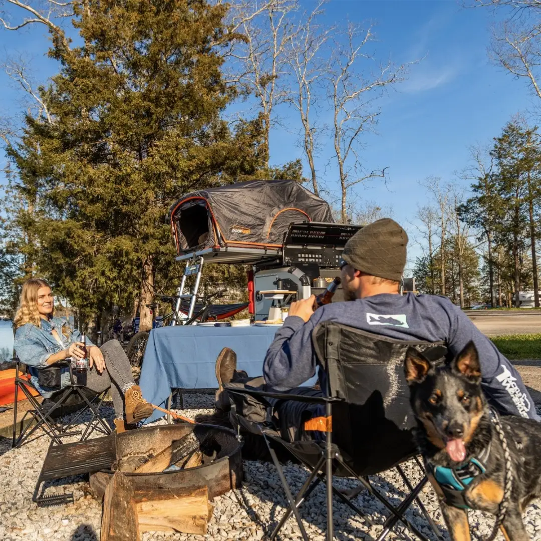Crew relaxing at a campsite